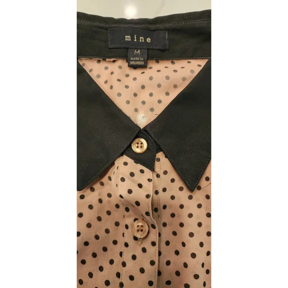 Mine Black & Tan Polka Dot Long Sleeve Sheer Button Down Blouse Top Women's M - Picture 9 of 12